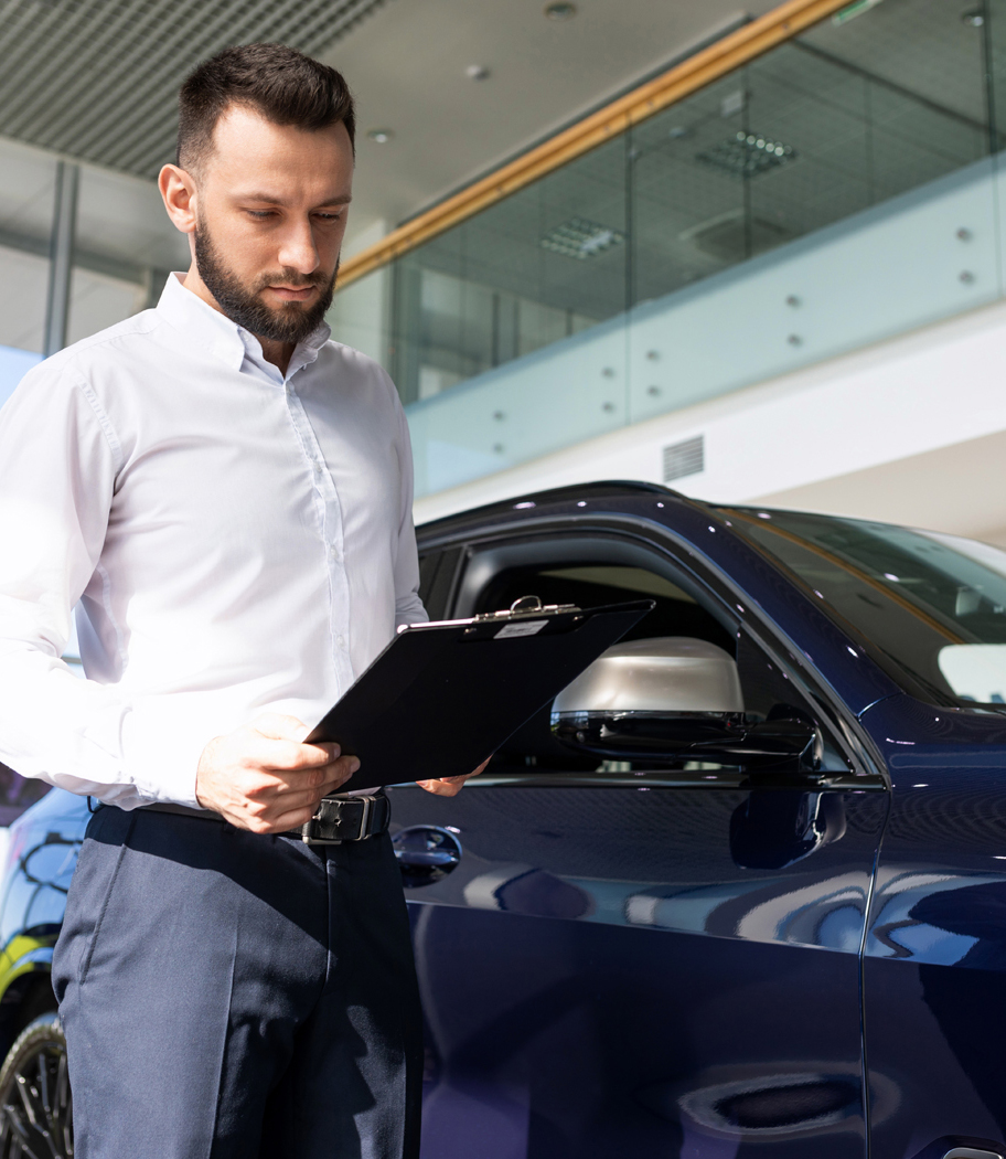 The Seller At The Car Dealership Prepares Documents For The Buyer Of The Car